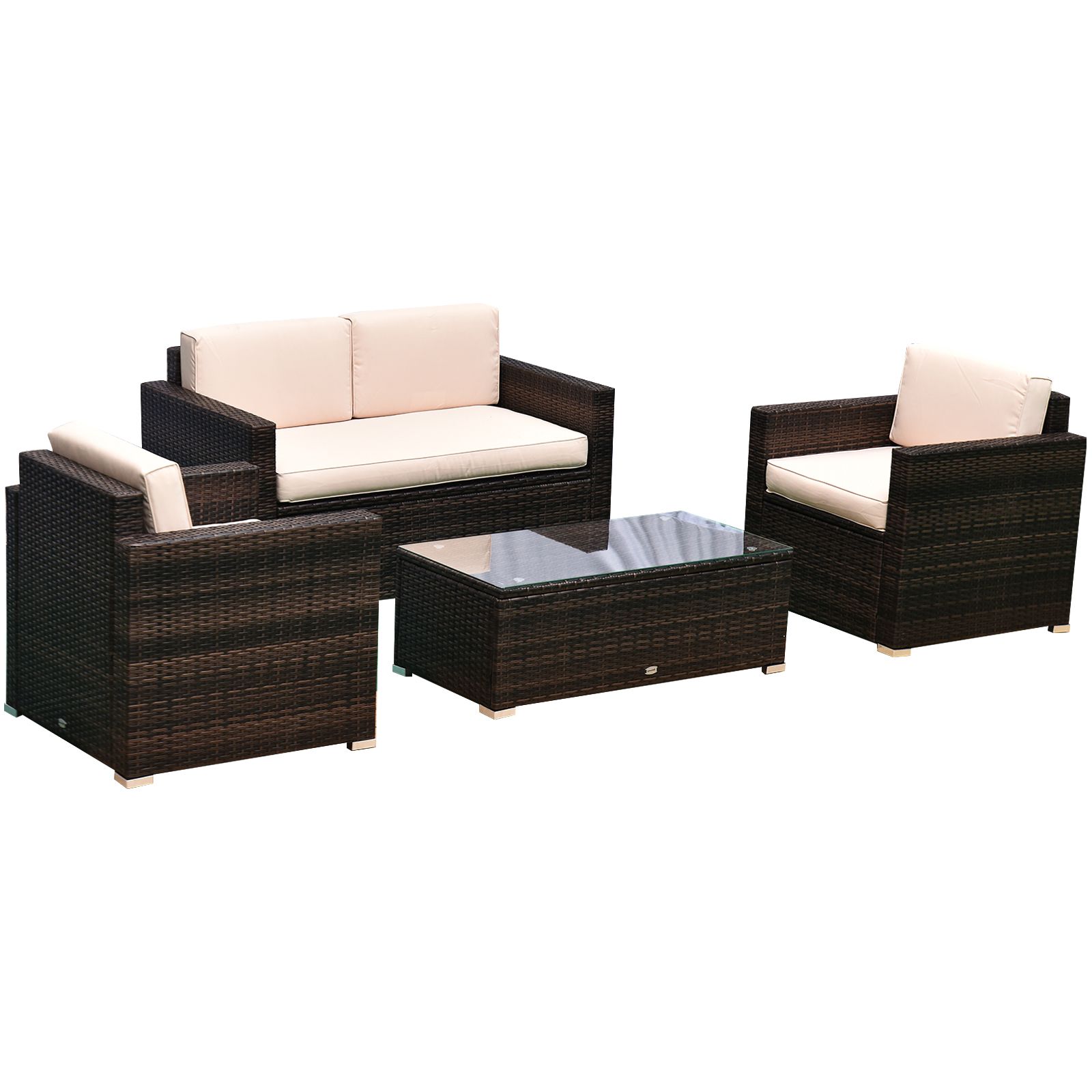 Outsunny 4 Piece Rattan Wicker Furniture Set, Outdoor Cushioned Conversation  Furniture With 2 Chairs, Loveseat, And Glass Coffee Table, Beige (View 15 of 15)