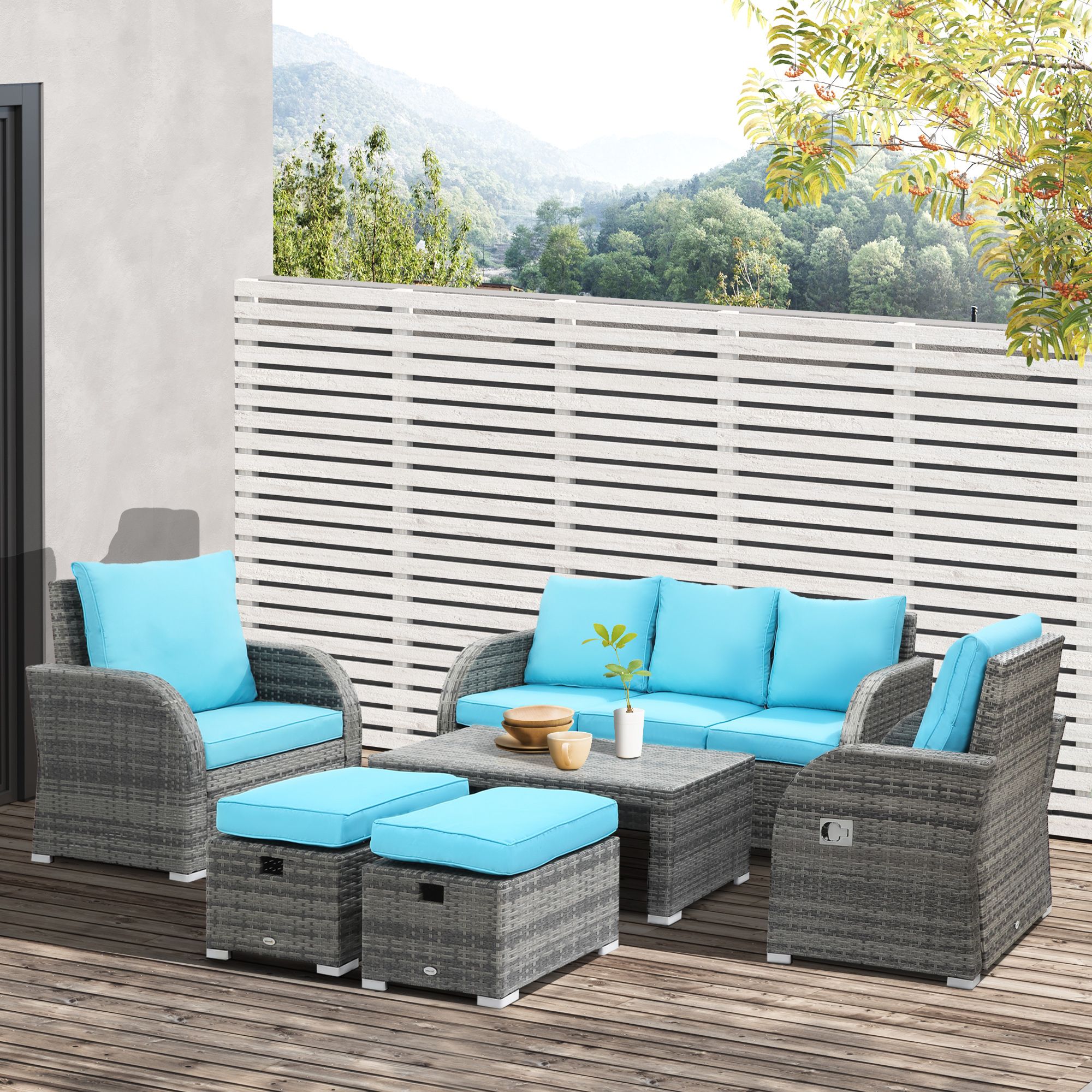 Outsunny 6 Pieces Patio Wicker Sofa Sets, Outdoor Sectional Furniture Set,  Include 3 Seat Sofa, 2 Adjustable Recliners, 2 Footstools & Table Set For  Lawn Garden Backyard, Sky Blue 6 Piece Rattan Cushioned Recliner, Inside Newest Furniture Conversation Set Cushioned Sofa Tables (View 13 of 15)
