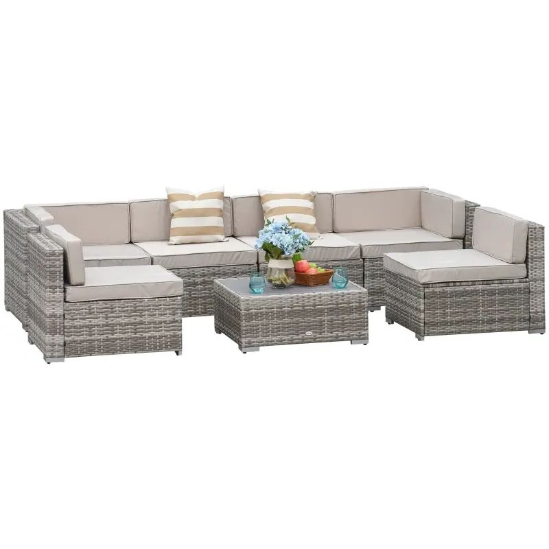 Outsunny 7 Piece Outdoor Patio Set Outdoor Wicker Patio Sofa Set Modern  Rattan Conversation Furniture Set With Cushions Pillows And Tea Table Beige  Low Back Chair Sectional (View 13 of 15)