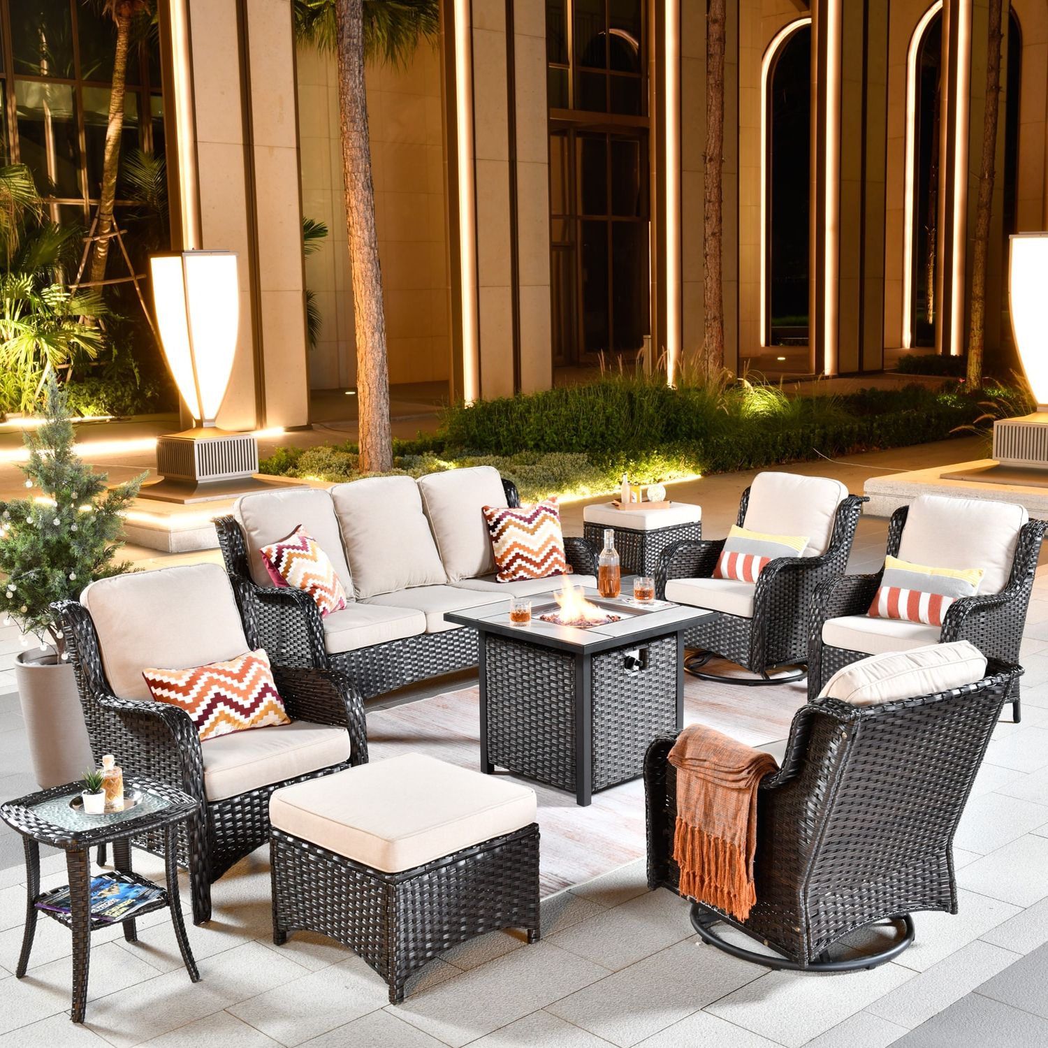 Ovios 9 Piece Rattan Patio Furniture Set Wicker Swivel Rocking Chairs  Sectional Sofa Set With Ottomans And Gas Fire Pit Table (brown Wicker,beige  Cushions) In The Patio Conversation Sets Department At Lowes Pertaining To Preferred Balcony Furniture Set With Beige Cushions (Photo 5 of 15)