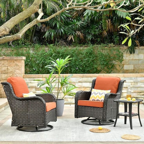 Ovios Joyoung Brown 3 Piece Wicker Swivel Outdoor Patio Conversation  Seating Set With Orange Red Cushions Yjntc803r – The Home Depot With Famous Outdoor Wicker 3 Piece Set (View 9 of 15)