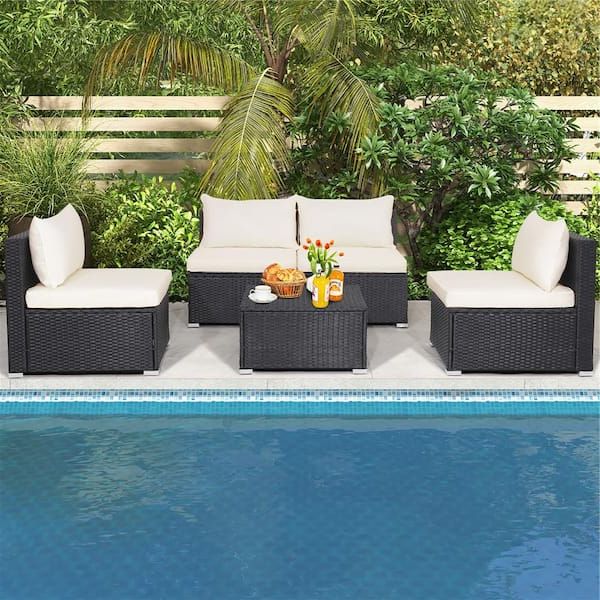 Patio Rattan Wicker Furniture Regarding Newest Costway 5 Piece Patio Rattan Wicker Furniture Conversation Set Cushioned  Sofa Deck In Off White Hw69932 – The Home Depot (View 12 of 15)