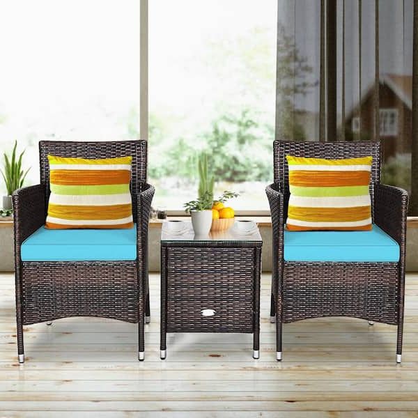 Patio Rattan Wicker Furniture Throughout 2017 Gymax 3 Pieces Patio Outdoor Rattan Wicker Furniture Set With Coffee Table  Turquoise Cushioned Chairs Gym04601 – The Home Depot (View 8 of 15)