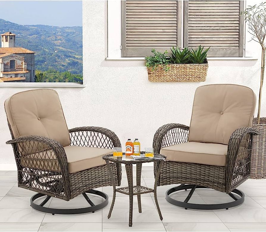 Popular 3 Pieces Outdoor Patio Swivel Rocker Set Regarding Amazon: Erommy 3 Pieces Outdoor Swivel Rocker Patio Chairs, 360 Degree Rocking  Patio Conversation Set With Thickened Cushions And Glass Coffee Table For  Backyard, Khaki : Patio, Lawn & Garden (View 4 of 15)