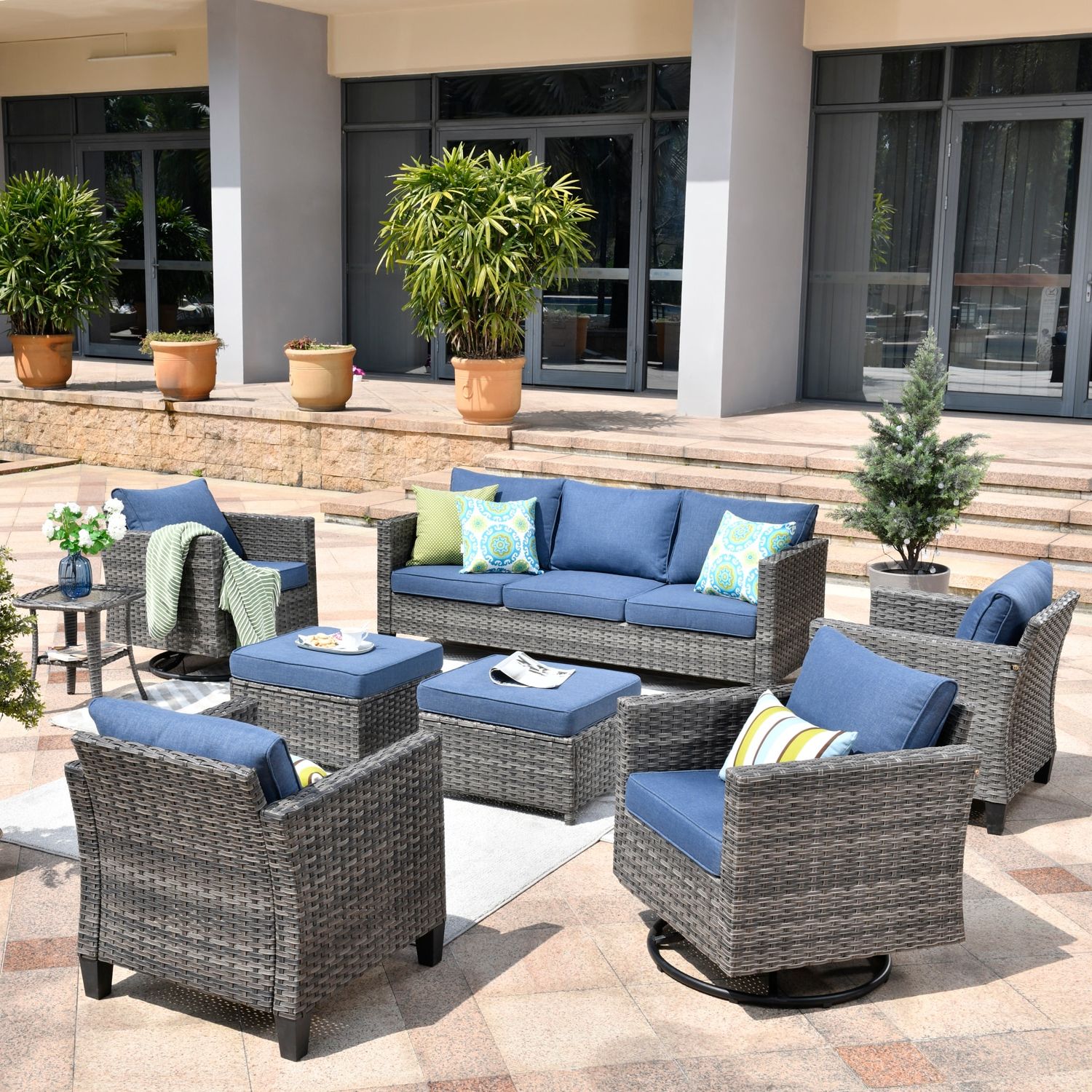 Popular 8 Piece Patio Rattan Outdoor Furniture Set With Xizzi Lullaby 8 Piece Rattan Patio Conversation Set With Blue Cushions In  The Patio Conversation Sets Department At Lowes (View 6 of 15)