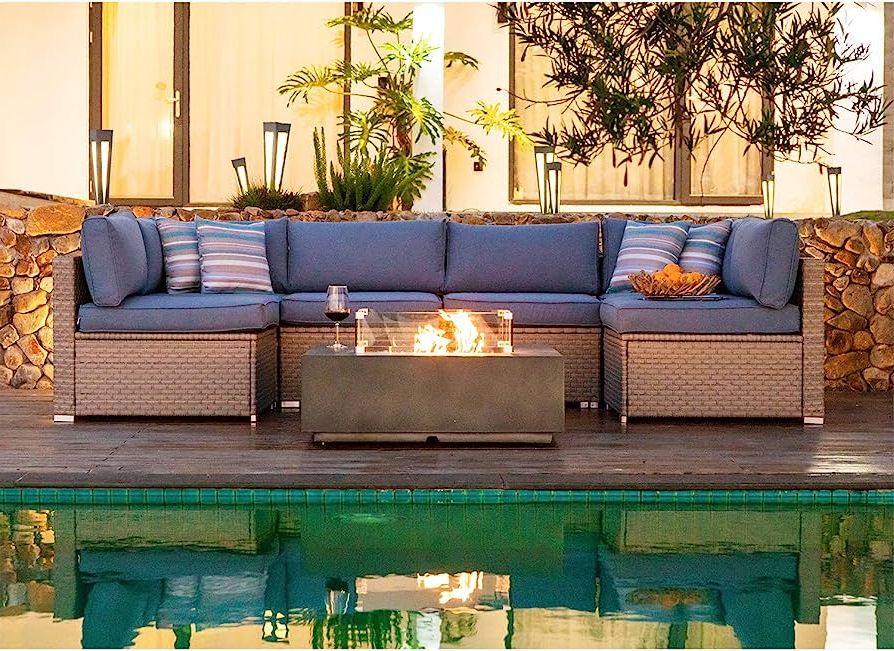 Popular Fire Pit Table Wicker Sectional Sofa Set With Regard To Amazon: Cosiest 8 Piece Propane Fire Pit Outdoor Wicker Sectional Sofa,  Warm Gray Patio Furniture Set W 35 Inch Square Celadon Fire Table (50,000  Btu), Tank Cover And Wind Glass For Garden, Pool : (View 12 of 15)