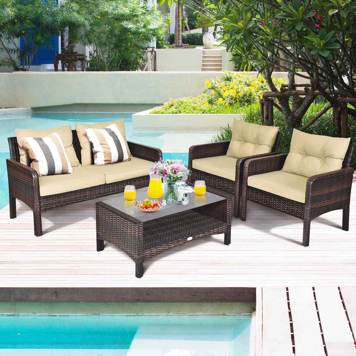 Preferred All Weather Rattan Conversation Set For Clihome Outdoor Rattan Furniture Set 4 Piece Rattan Patio Conversation Set  With Brown Cushions In The Patio Conversation Sets Department At Lowes (View 15 of 15)