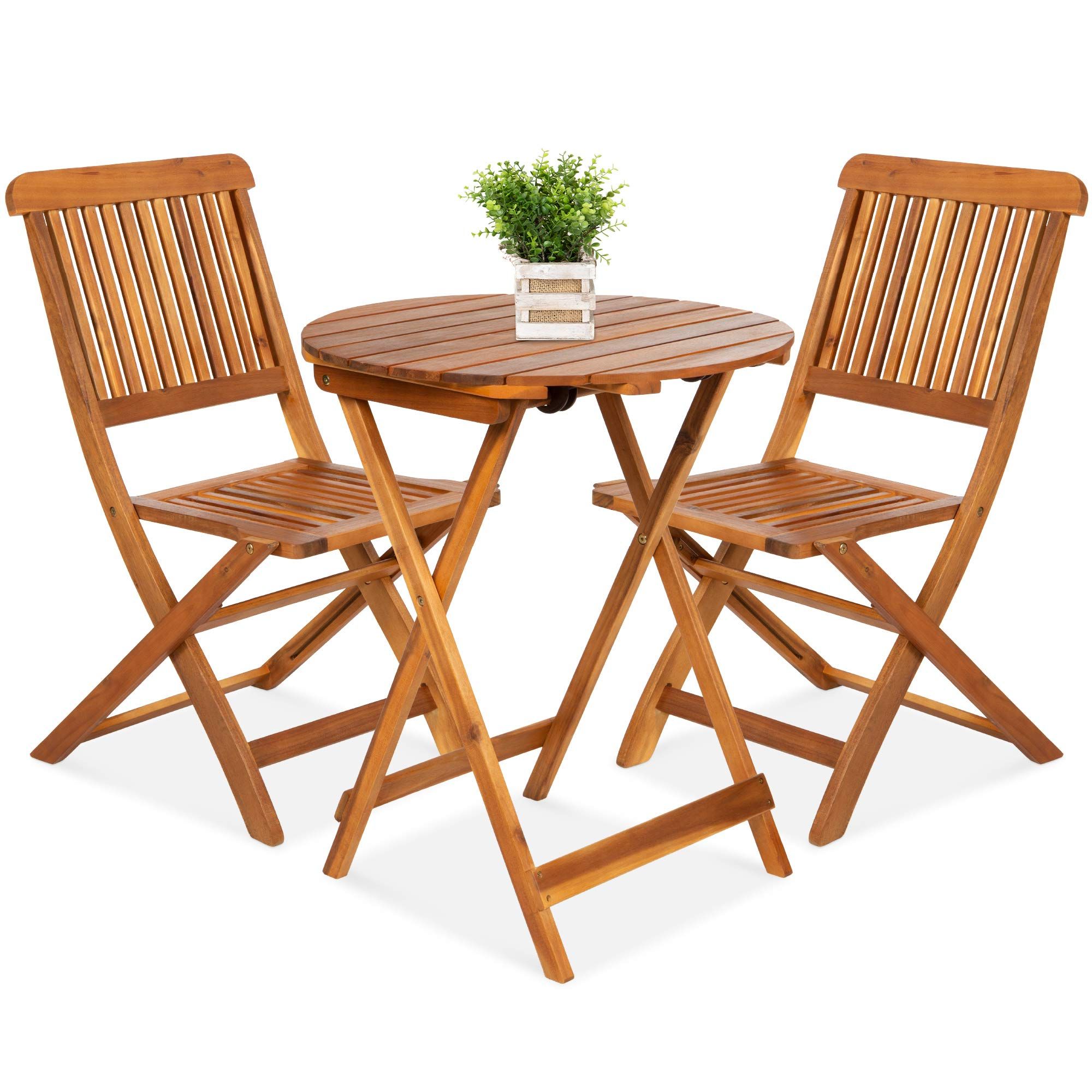 Preferred Amazon: Best Choice Products 3 Piece Acacia Wood Bistro Set, Folding  Patio Furniture For Backyard, Balcony, Deck W/ 2 Chairs, Round Coffee Table,  Teak Finish – Natural : Patio, Lawn & Garden With Acacia Wood With Table Garden Wooden Furniture (Photo 9 of 15)