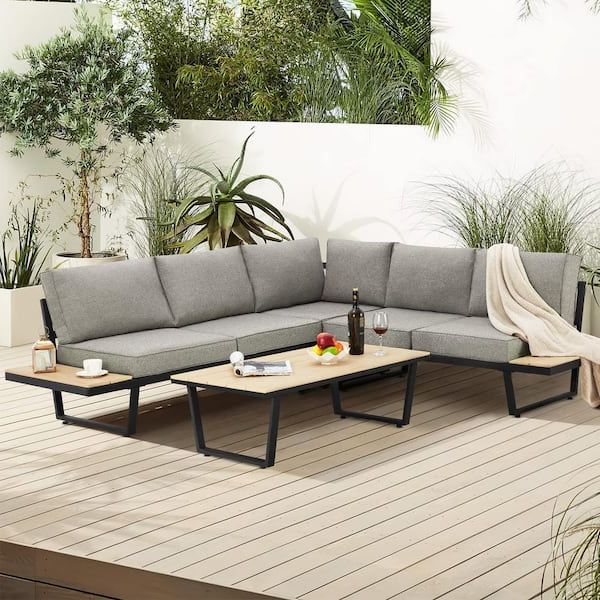 Preferred Erommy 4 Piece Outdoor Conversation Set, All Weather L Shaped Metal Patio  Sectional Sofa Set With Gray Cushion Lyot 007gr – The Home Depot Regarding All Weather Wicker Sectional Seating Group (View 11 of 15)