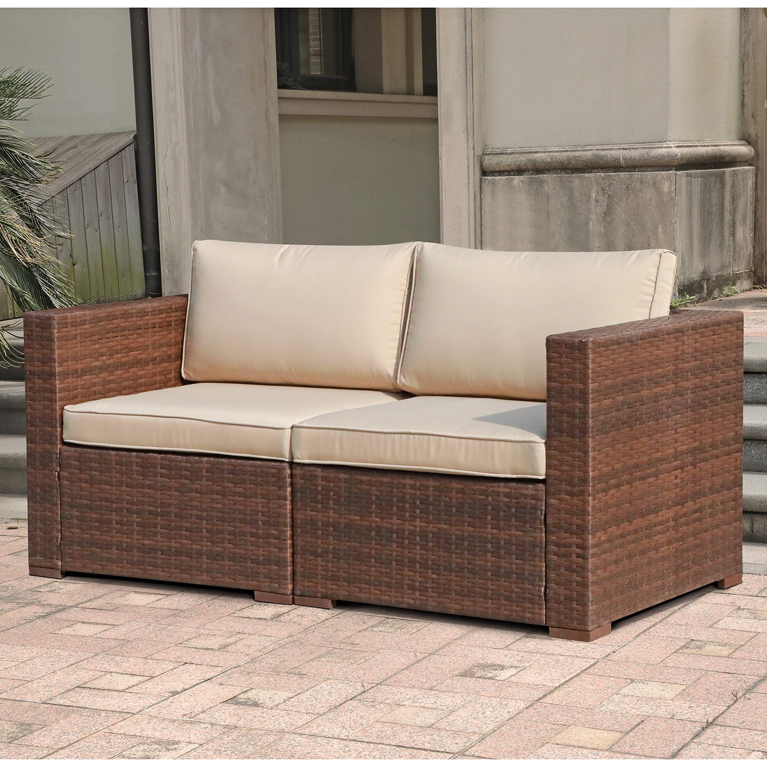 Preferred Loveseat Chairs For Backyard Inside Amazon : Super Patio Loveseat, 2 Piece Outdoor Furniture Set, All  Weather Wicker Loveseat Corner Sofas Thick Beige Cushions, Steel Frame,  Brown : Patio, Lawn & Garden (Photo 8 of 15)