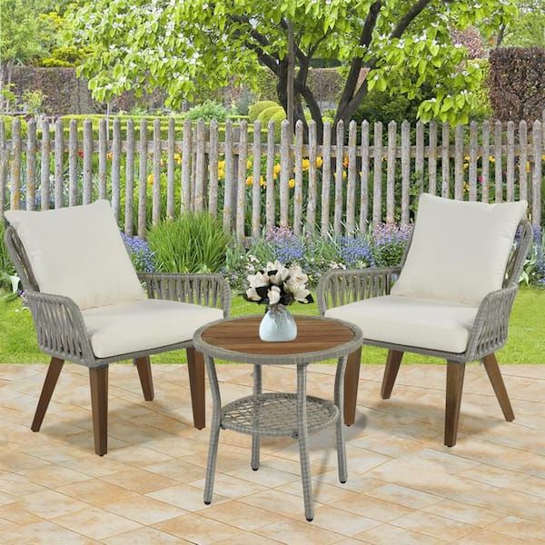 Recent 3 Piece Woven Rope Patio Conversation Set With Gray Rope And Beige Cushion  Wy 20 – The Home Depot Pertaining To Woven Rope Outdoor 3 Piece Conversation Set (View 12 of 15)