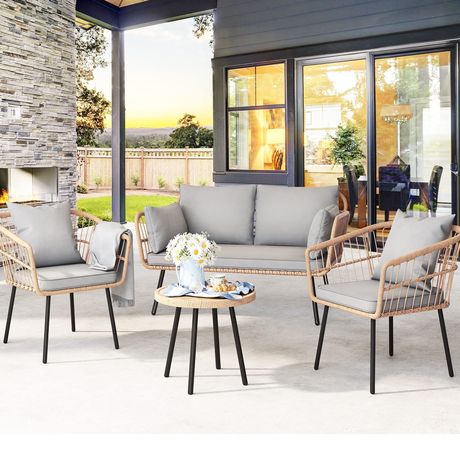 Recent Amazon: Yitahome 4 Pieces Patio Furniture Set, Wicker Balcony Bistro  Set, Outdoor All Weather Rattan Conversation Set With Loveseat Chairs Table Soft  Cushions For Backyard, Pool, Deck, Garden – Grey : Patio, Lawn Pertaining To Balcony And Deck With Soft Cushions (View 4 of 15)