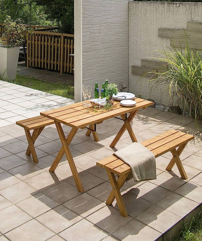 Recent Takasho Wooden Picnic Table Bench Set Indoor Outdoor Furniture For Garden  Patio Terrace Camp Balcony, Occasional Beach With Natural Colour (1 Table,  2 Benches) : Amazon.in: Home & Kitchen For Outdoor Terrace Bench Wood Furniture Set (Photo 1 of 15)
