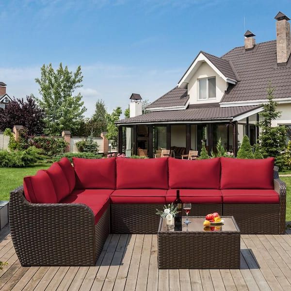 Recent Zeus & Ruta 7 Pieces Red Wicker Outdoor Rattan Sectional Sofa All Weather  Patio Furniture Set With Red Cushion And Coffee Table Lh 832 – The Home  Depot Throughout Outdoor Rattan Sectional Sofas With Coffee Table (View 5 of 15)
