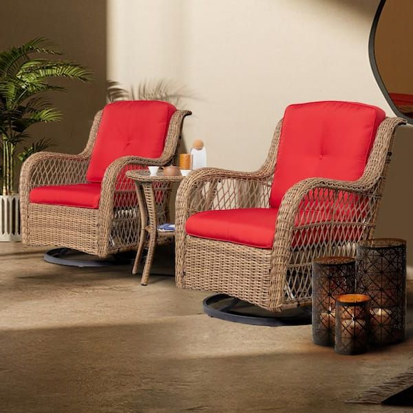 Rocking Chairs Wicker Patio Furniture Set With Regard To Most Up To Date Joyside 3 Piece Wicker Outdoor Swivel Rocking Chair Set With Red Cushions  Patio Conversation Set (2 Chair) Yw3s M12 Red – The Home Depot (Photo 5 of 15)