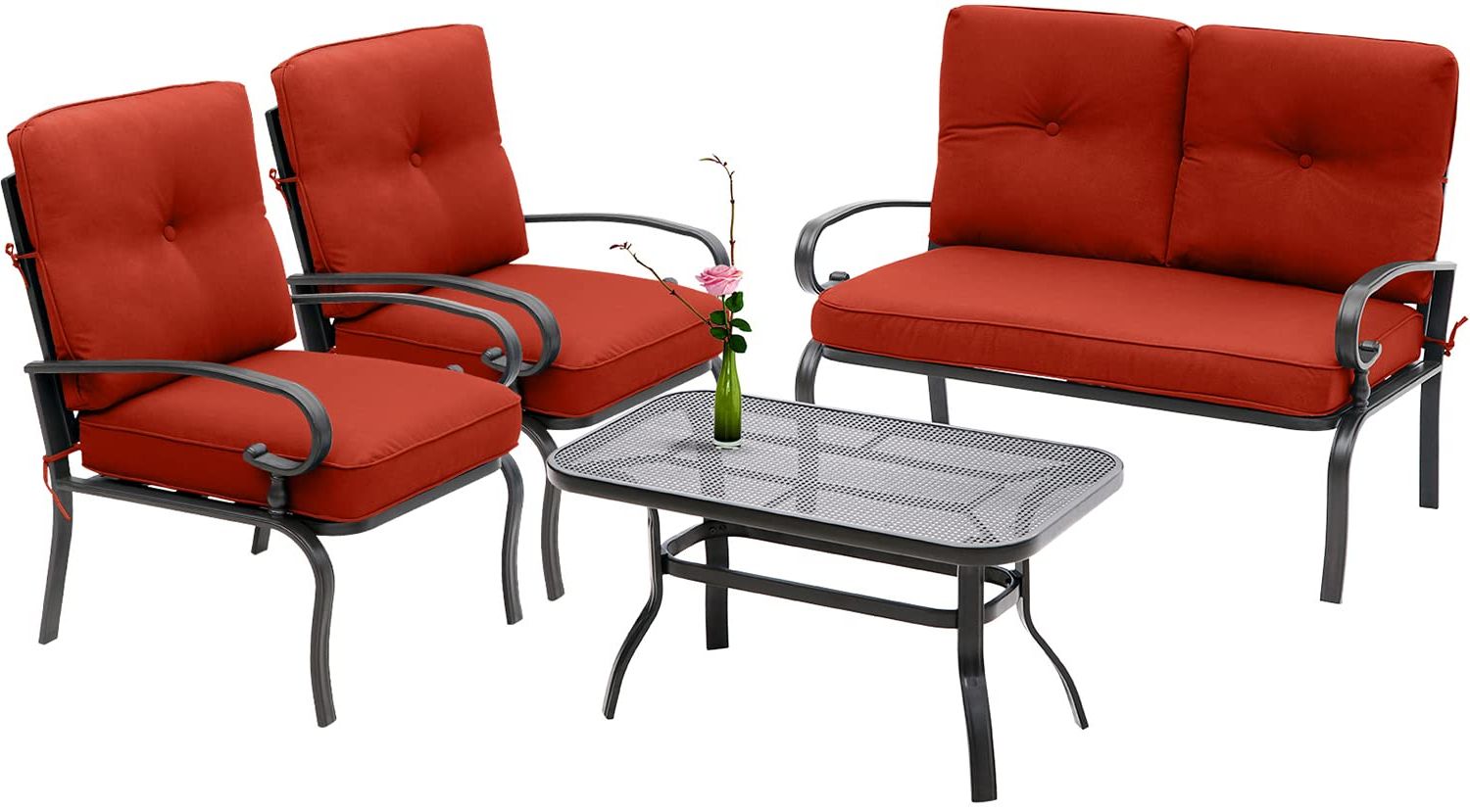 Side Table Iron Frame Patio Furniture Set Inside Famous Amazon: Incbruce 4pcs Outdoor Metal Furniture Sets Wrought Iron Patio  Furniture Conversation Set (loveseat, Coffee Table, 2 Chairs) – Steel Frame  Patio Seating Set With Red Cushions : Patio, Lawn & Garden (Photo 1 of 15)