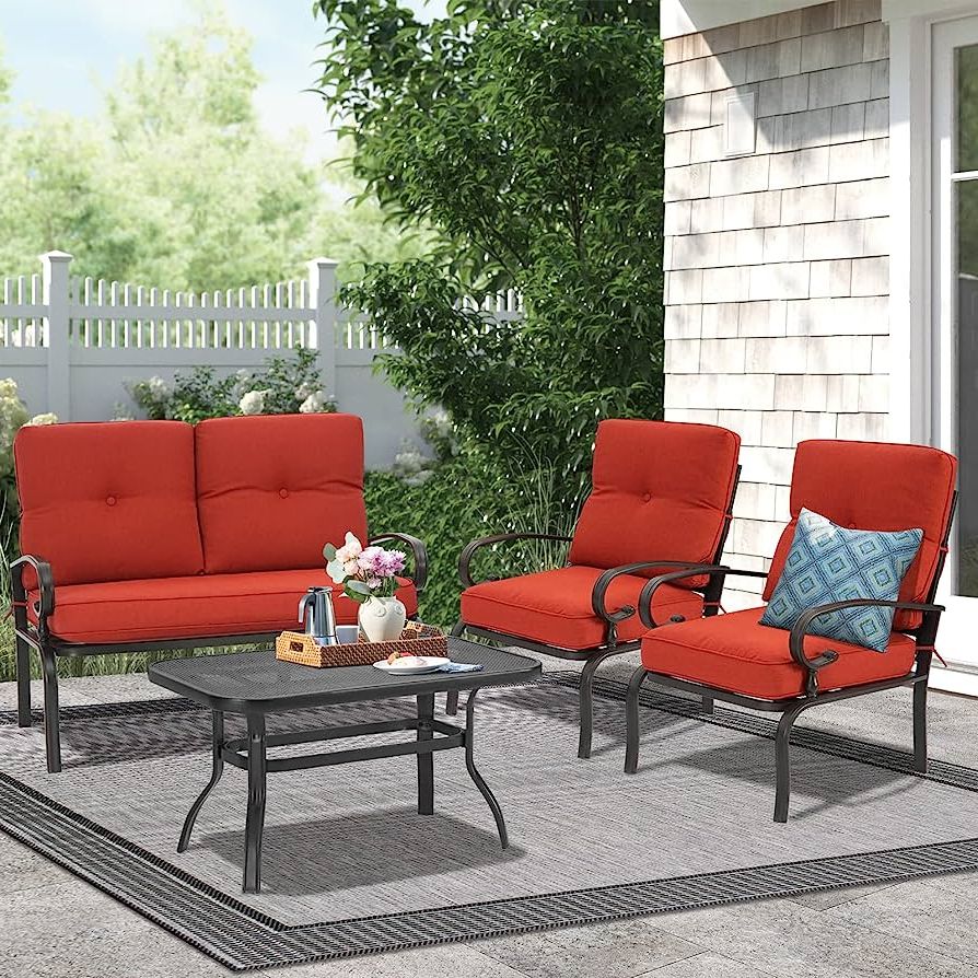 Side Table Iron Frame Patio Furniture Set With Regard To Newest Amazon: Incbruce 4pcs Outdoor Metal Furniture Sets Wrought Iron Patio  Furniture Conversation Set (loveseat, Coffee Table, 2 Chairs) – Steel Frame  Patio Seating Set With Red Cushions : Patio, Lawn & Garden (Photo 2 of 15)