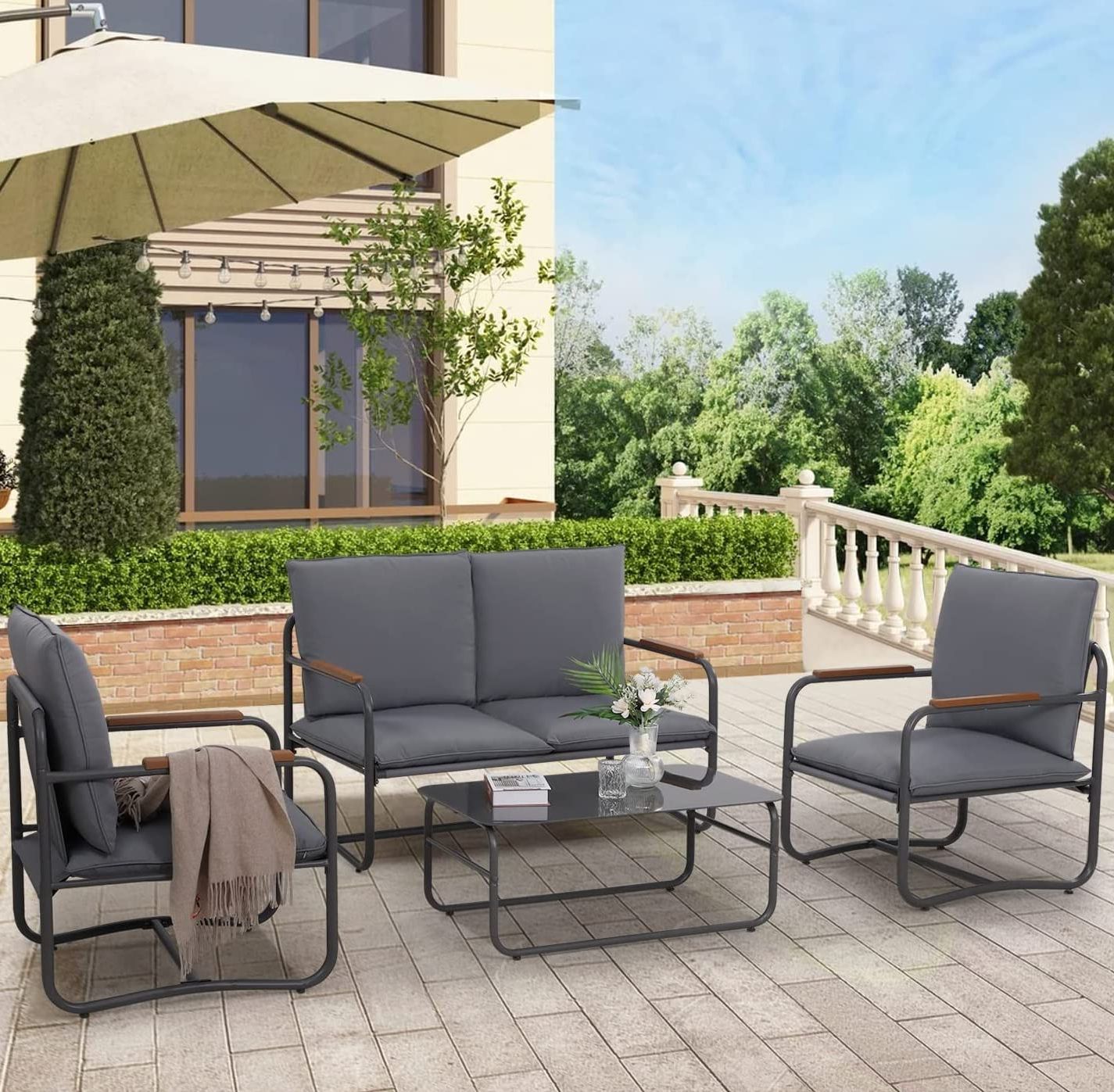 Side Table Iron Frame Patio Furniture Set With Widely Used Amazon: May In Color Metal Patio Furniture Set 4 Piece Wide Seating  Conversation Sets Outdoor Sectional Sofa, Loveseat, Chair, Glass Coffee  Table,8 Cushions, Comfortable, Easy Assemble, Dark Grey 1 : Patio, Lawn &  Garden (Photo 3 of 15)
