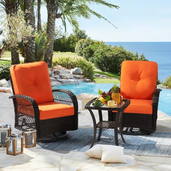 Sizzim 3 Piece Brown Wicker Outdoor Rocking Chair Set Outdoor Swivelchairs  With Orange Cushions Sm G12036og – The Home Depot With Well Known 3 Piece Cushion Rocking Chair Set (View 15 of 15)