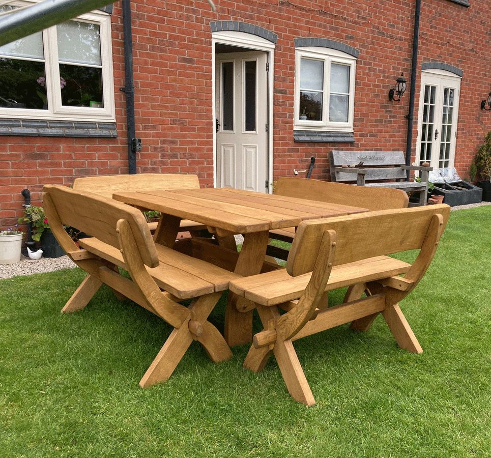 Solid Oak Table Set For Garden, Patio. Comes With Four Oak Benches (View 12 of 15)