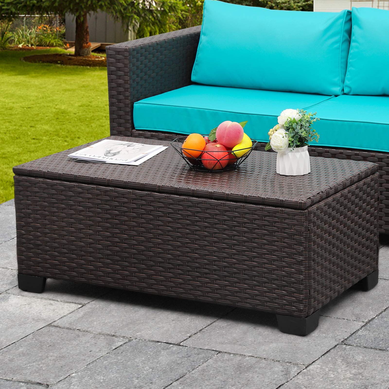 Storage Table For Backyard, Garden, Porch Inside Recent Amazon: Outdoor Storage Table Wicker Patio Coffee Table All Weather  Rattan Side Table With Waterproof Cover, Brown : Patio, Lawn & Garden (View 2 of 15)