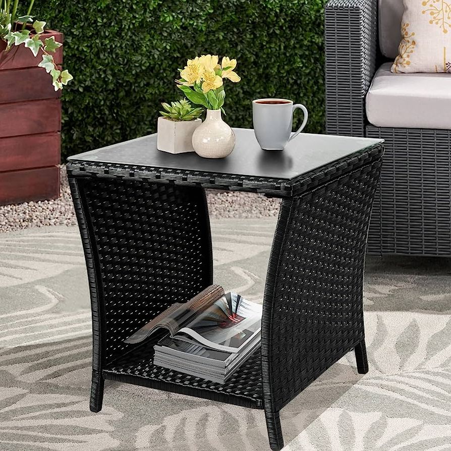 Storage Table For Backyard, Garden, Porch Within Well Known Amazon: Auzfy Patio Wicker Side Table Small Outdoor Square Coffee Table  All Weather Resistant Pe Wicker Rattan End Table With Storage Shelf For Patio  Garden Porch, Black : Patio, Lawn & Garden (View 13 of 15)