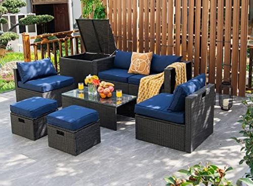 Tangkula 8 Piece Patio Furniture Set With Cover, Patiojoy Outdoor Rattan  Conversation Set With Storage Box, Tempered Glass Table, 2 Ottomans, 2  Armless Sofas & Corner Sofas (navy Blue) : Amazon (View 7 of 15)