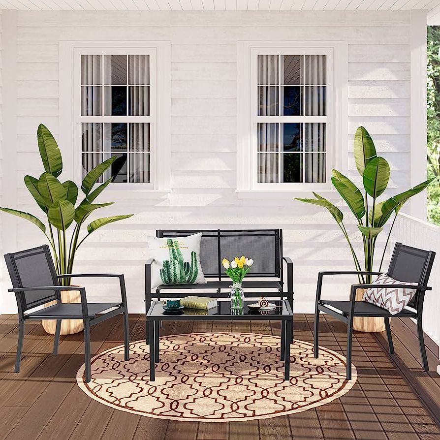Textilene Bistro Set Modern Conversation Set Inside Newest Amazon: Meilocar 4 Pieces Patio Furniture, Textilene Metal Outdoor  Furniture Set, Modern Conversation Set With Loveseat Tea Table, Small  Outdoor Patio Chat Set For Backyard, Porch, Lawn And Balcony (black) : Patio , (View 15 of 15)