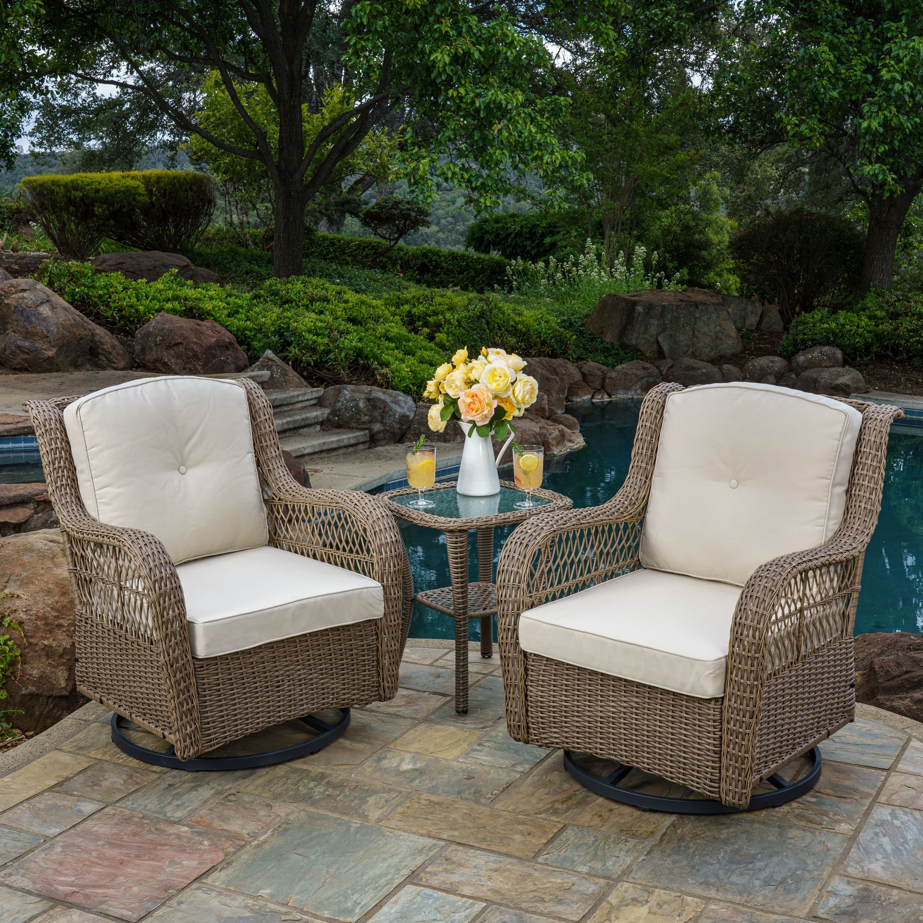 Tortuga Outdoor Rio Vista 3 Piece Wicker Patio Conversation Set With Tan  Cushions In The Patio Conversation Sets Department At Lowes For Newest 3 Pieces Outdoor Patio Swivel Rocker Set (View 13 of 15)