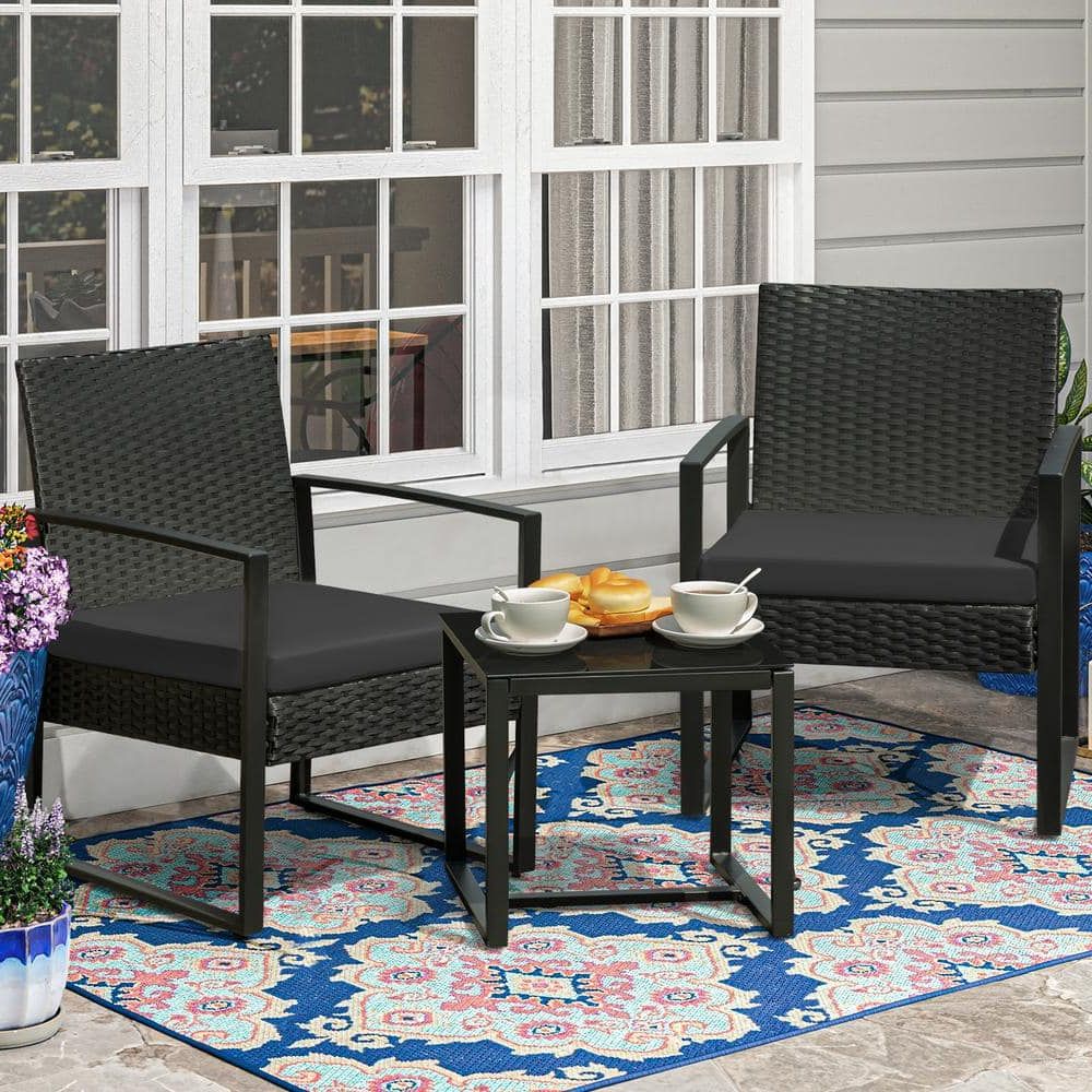 Tozey Black 3 Piece Patio Sets Steel Outdoor Wicker Patio Furniture Sets  Outdoor Bistro Set With Black Cushion T Lcrc813s0 – The Home Depot Regarding Most Up To Date Patio Furniture Wicker Outdoor Bistro Set (View 6 of 15)
