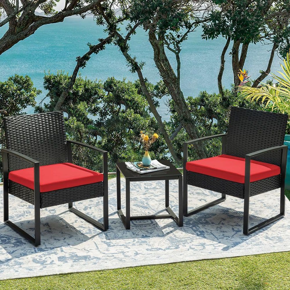 Tozey Black 3 Piece Patio Sets Steel Outdoor Wicker Patio Furniture Sets  Outdoor Bistro Set With Red Cushion T Lcrc813s10 – The Home Depot Regarding 2017 Outdoor Wicker 3 Piece Set (View 14 of 15)