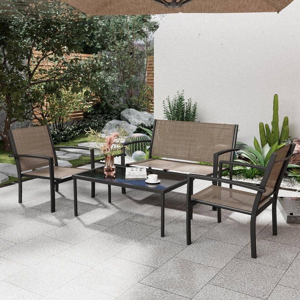 Tozey Brown 4 Piece Metal Outdoor Bistro Set Patio Conversation Set Glass  Coffee Table T Lct901d8 – The Home Depot Regarding Most Up To Date Textilene Bistro Set Modern Conversation Set (View 10 of 15)