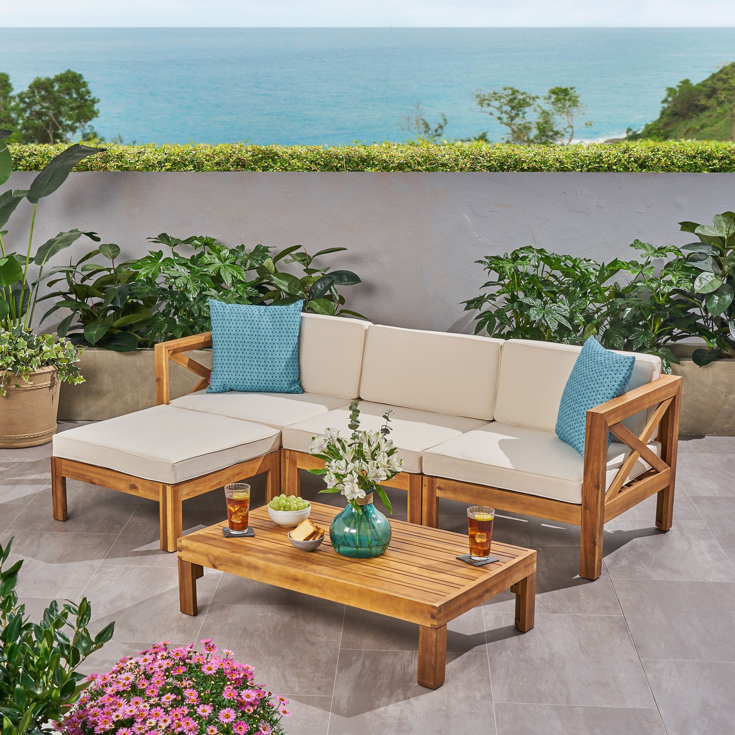 Trendy Alcove Outdoor Acacia Wood 5 Piece Sofa Setchristopher Knight Home – On  Sale – – 26474504 With Regard To Acacia Wood With Table Garden Wooden Furniture (View 14 of 15)