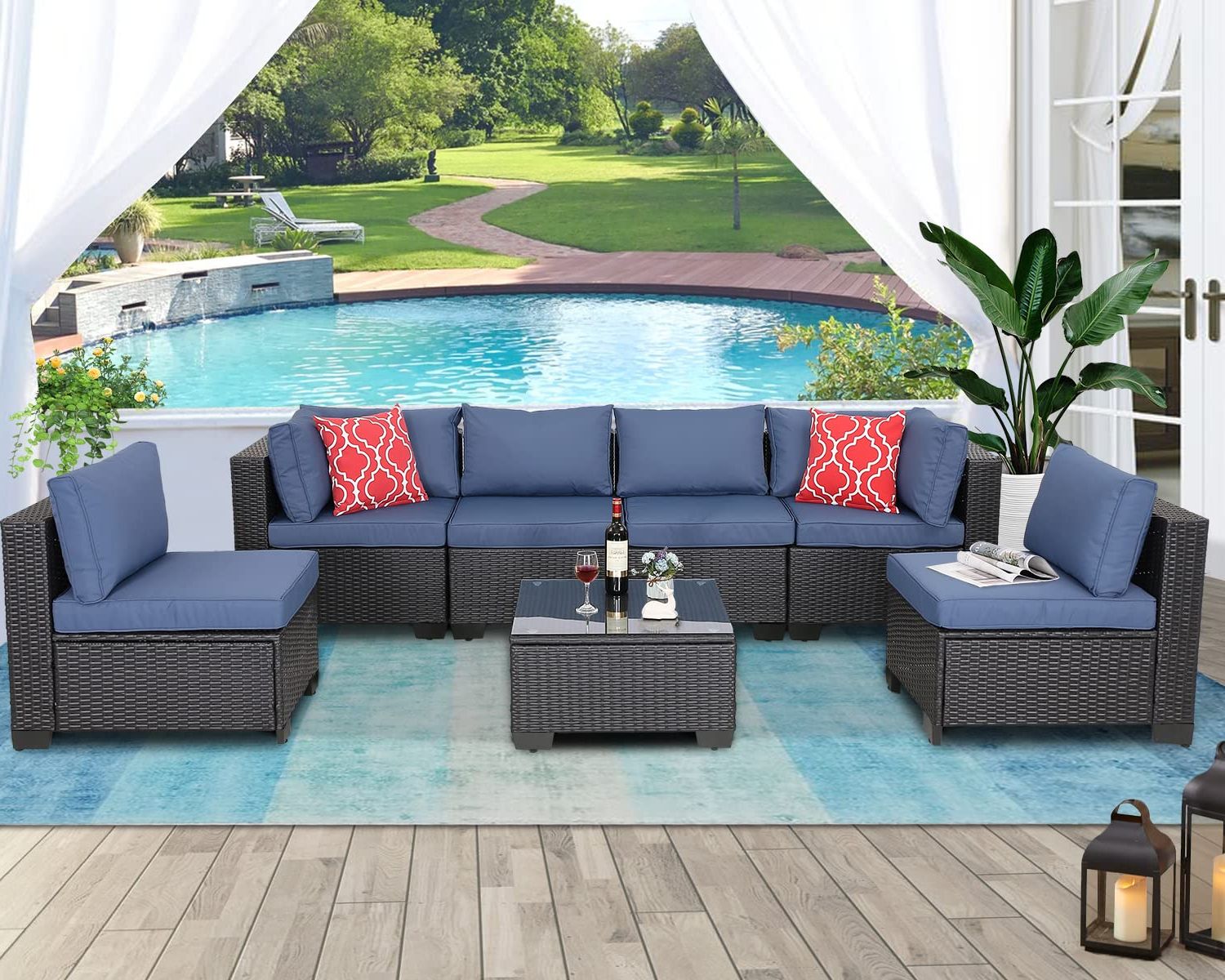 Trendy Amazon: Furnimy 7 Pieces Outdoor Indoor Sectional Sofa Set Patio  Furniture Set Rattan Wicker Expresso With Seat Cushions, Glass Top Coffee  Table And 2 Pillows (dark Blue) : Patio, Lawn & Garden Pertaining To Outdoor Rattan Sectional Sofas With Coffee Table (View 8 of 15)