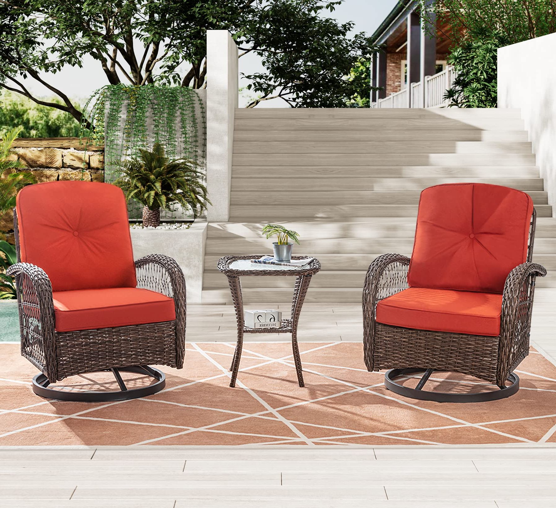 Trendy Amazon: Imusee Rocking And Swivel Patio Chairs, 3 Pieces Outdoor Wicker  Swivel Rocker Patio Set, Pe Wicker Patio Bistro Set With Burnt Red Cushions  (brown & Burnt Red) : Patio, Lawn & For Outdoor Wicker 3 Piece Set (View 3 of 15)