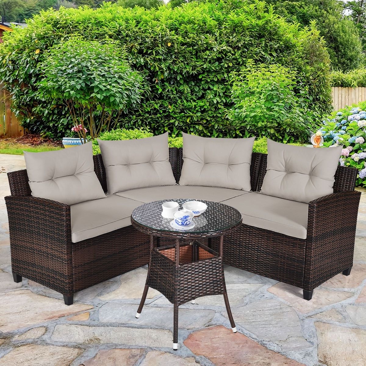 Trendy Costway 4pcs Outdoor Patio Rattan Furniture Set Cushioned Sofa Table –  Overstock – 30686664 Throughout Furniture Conversation Set Cushioned Sofa Tables (View 5 of 15)