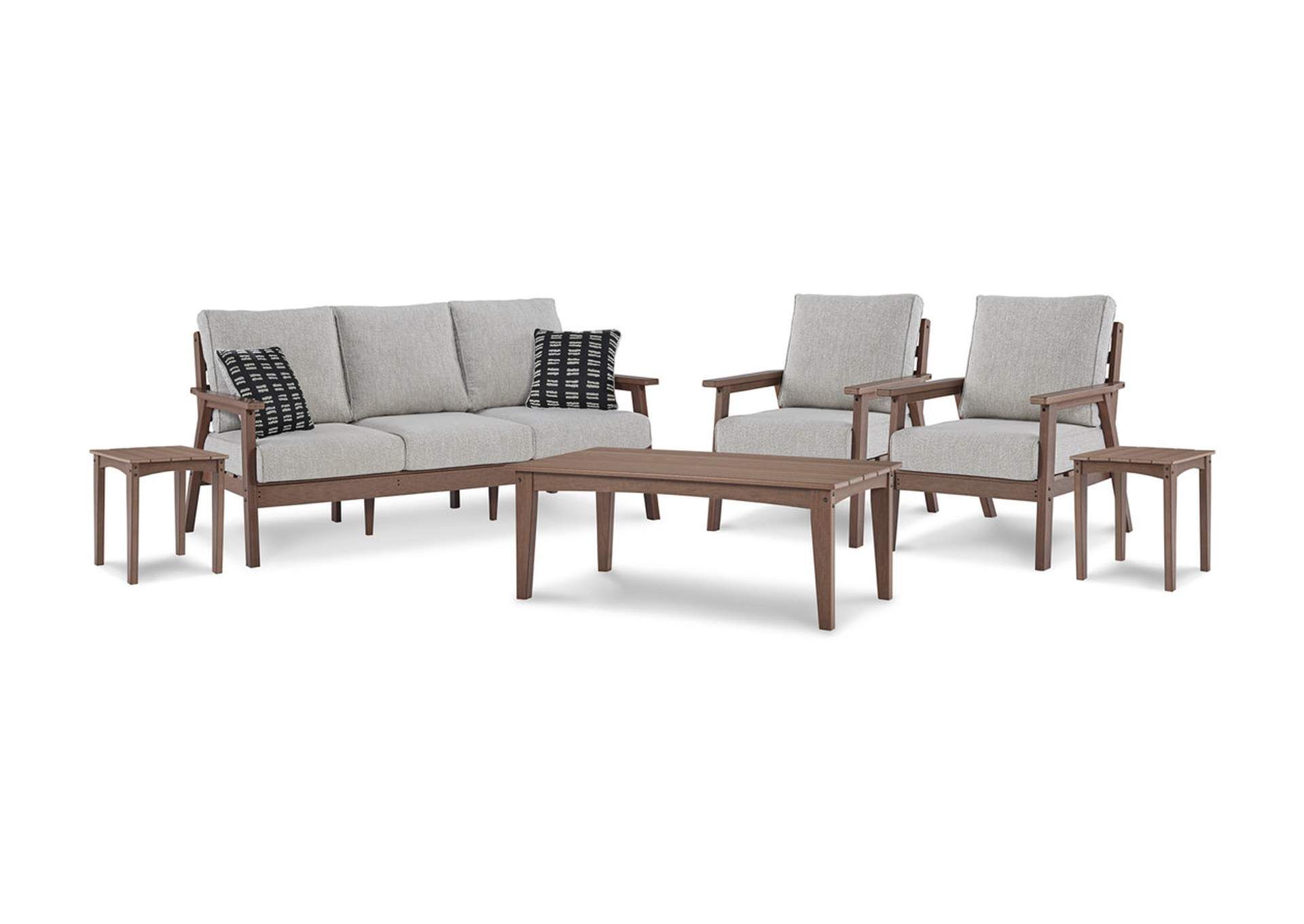 Trendy Emmeline Outdoor Sofa And 2 Lounge Chairs With Coffee Table And 2 End Tables  Ivan Smith Furniture With Outdoor 2 Arm Chairs And Coffee Table (Photo 13 of 15)