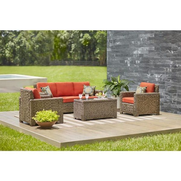Trendy Hampton Bay Laguna Point 4 Piece Brown Wicker Outdoor Patio Deep Seating Set  With Cushionguard Quarry Red Cushions 65 516183 – The Home Depot With 4 Piece Outdoor Wicker Seating Set In Brown (Photo 10 of 15)