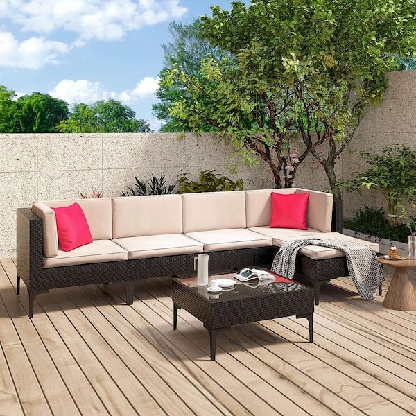 Trendy Patiowell 6 Pieces Patio Furniture Set Wicker Outdoor Sectional Sofa With  Beige Cushions Andpillows, And Glass Top Coffee Table Palcrf2ac1ot0m Bg –  The Home Depot Within Cushions & Coffee Table Furniture Couch Set (View 12 of 15)