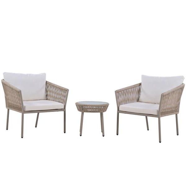 Tunearary 3 Piece Plastic Beige Woven Rope Chair Set Patio Outdoor Bistro Conversation  Set With White Cushions T711hzp5ab – The Home Depot With Most Popular Woven Rope Outdoor 3 Piece Conversation Set (View 13 of 15)