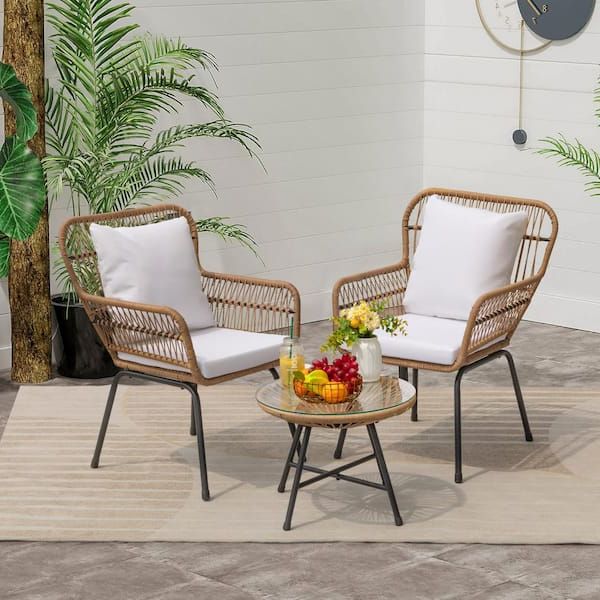 Well Known 3 Piece Outdoor Boho Wicker Chat Set Pertaining To Foredawn Boho 3 Piece Handwaven Wicker Patio Conversation Set With Round  Table And Off White Cushion Pcs013082 – The Home Depot (View 15 of 15)