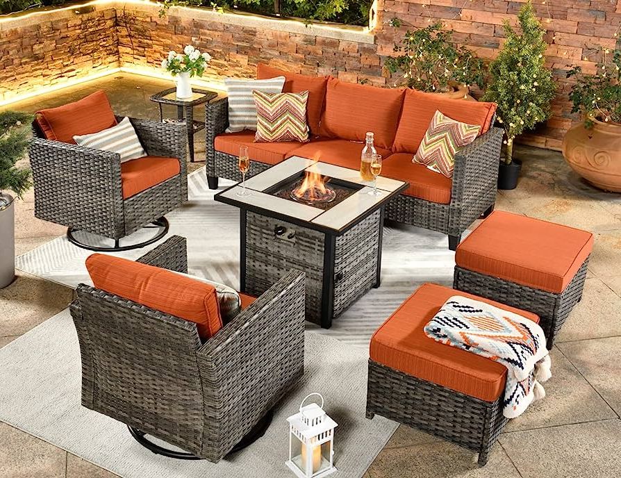 Well Known Amazon: Ovios Patio Furniture Set 7 Pcs Outdoor Wicker Rattan Sofa Set  With 360 Degree Swivel Rocking Chairs 30 Inch Gas Fire Pit Table Garden  Backyard Porch (orange Red Grey) : Patio, Lawn In Rocking Chairs Wicker Patio Furniture Set (Photo 7 of 15)