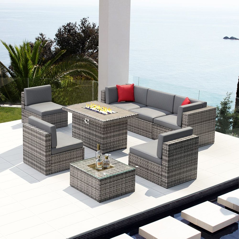 Well Known Aoxun Patio Furniture Set With Fire Pit Table 8 Piece Rattan Patio  Conversation Set With Gray Cushions In The Patio Conversation Sets  Department At Lowes For 8 Pcs Outdoor Patio Furniture Set (View 11 of 15)