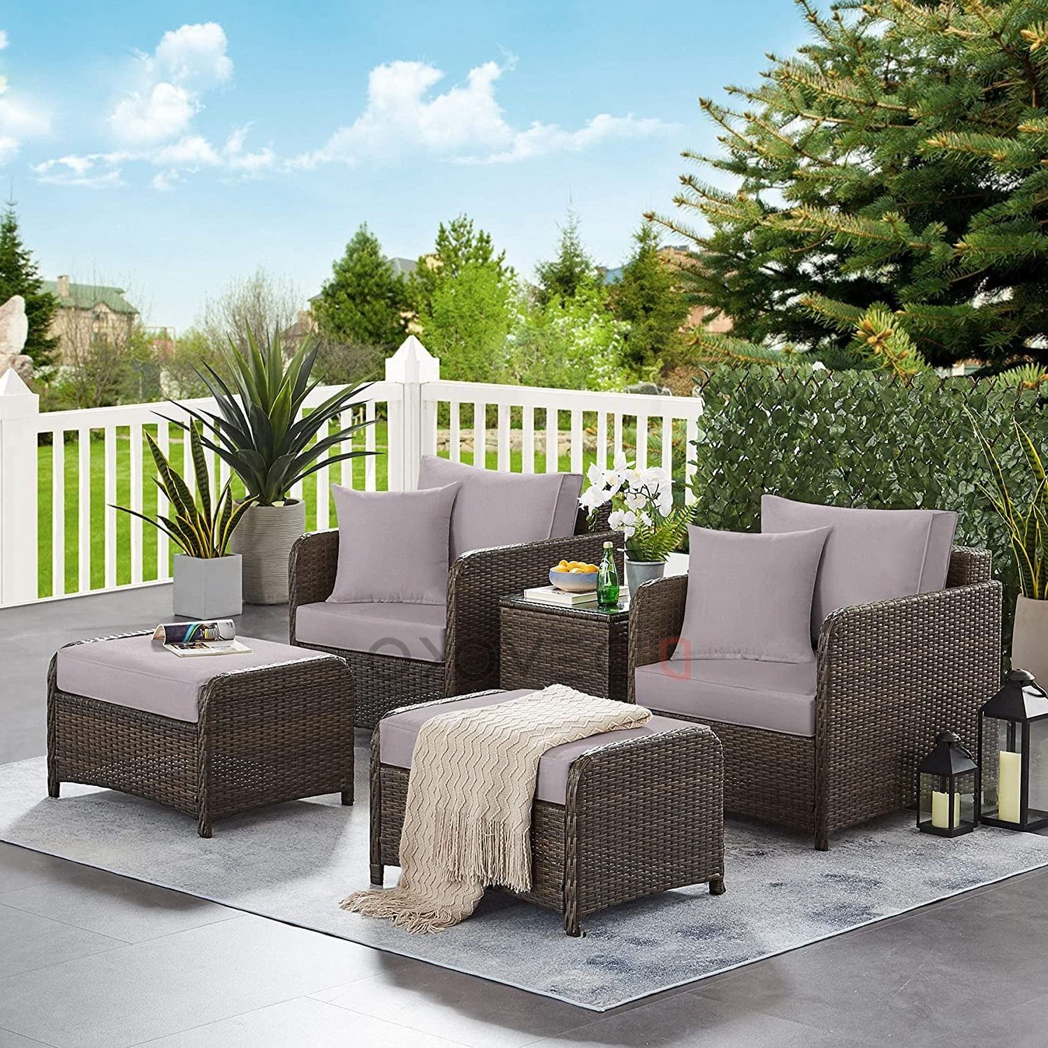 Well Known Devoko Outdoor Patio Furniture Set,all Wether Wicker Rattan Patio  Conversation Set With Cushioned Patio Chairs, Ottoman Set,glass Side Table  For Lawn Pool Balcony (dark Brown & Light Gray) : Amazon (View 6 of 15)