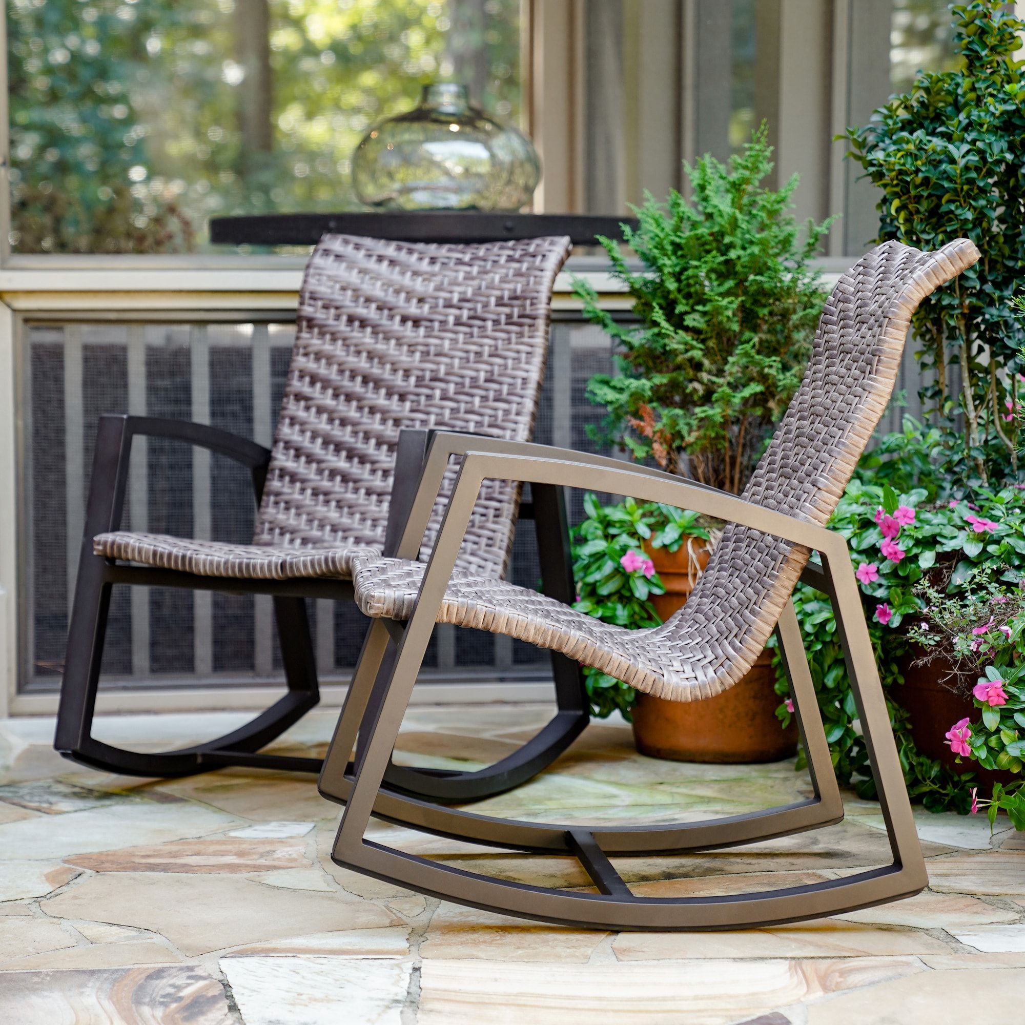 Well Known Leisure Made Marion Set Of 2 Wicker Brown Aluminum Frame Rocking Chair(s)  With Woven Seat In The Patio Chairs Department At Lowes Inside Rocking Chairs Wicker Patio Furniture Set (Photo 6 of 15)