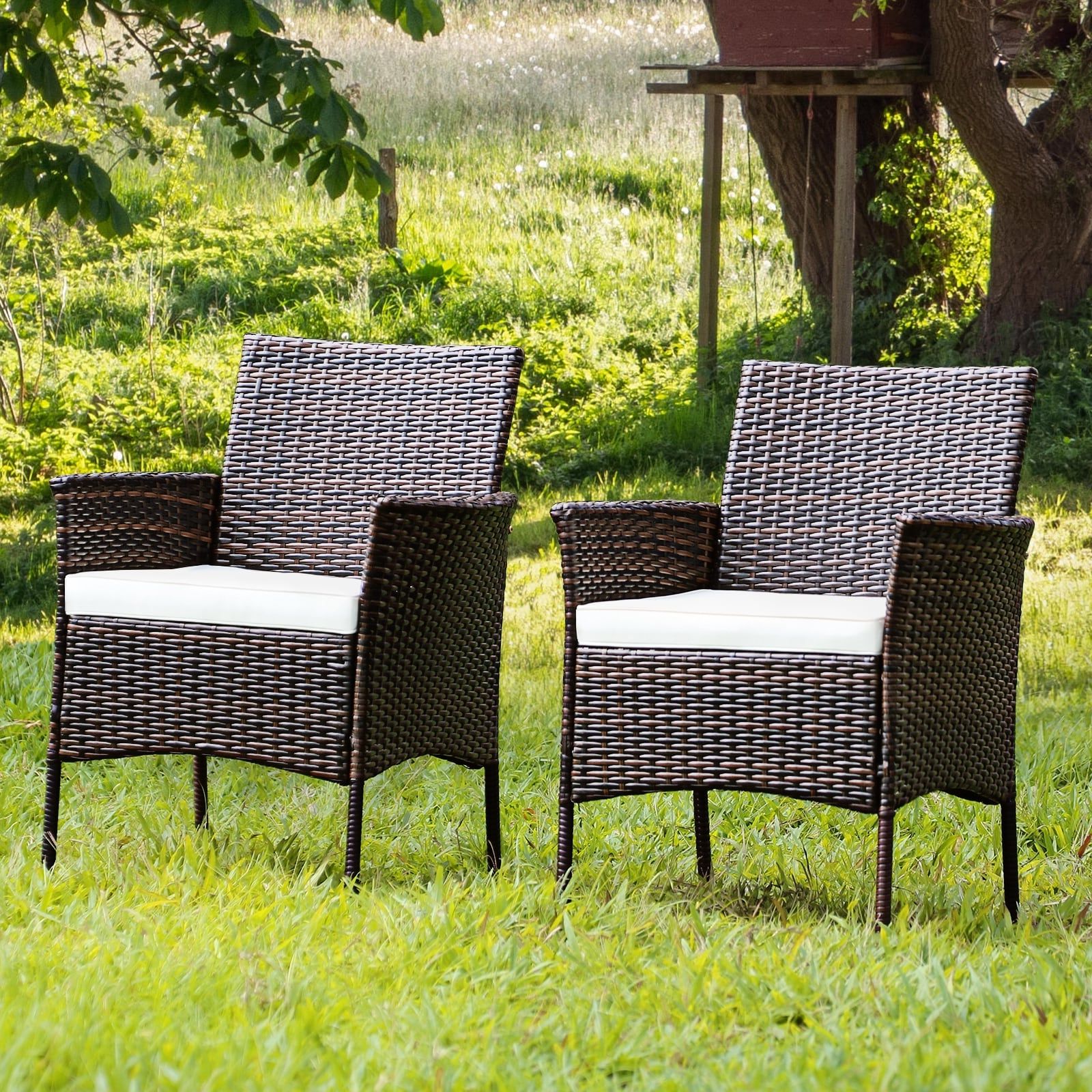 Well Known Outdoor Stationary Chat Set With Clihome Outdoor Chairs Set Of 2 Rattan Mix Brown Rattan Frame Stationary  Conversation Chair(s) With Off White Cushioned Seat In The Patio Chairs  Department At Lowes (View 12 of 15)