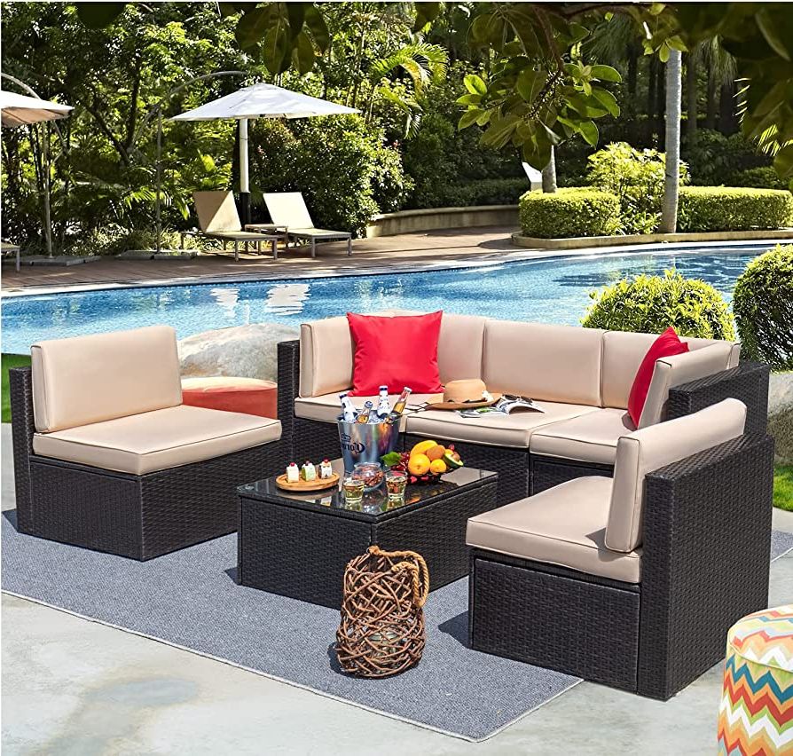 Well Liked Amazon: Devoko Patio Furniture Sets 6 Pieces Outdoor Sectional Rattan  Sofa Manual Weaving Wicker Patio Conversation Set With Glass Table And  Cushion (beige) : Patio, Lawn & Garden With Furniture Conversation Set Cushioned Sofa Tables (Photo 10 of 15)