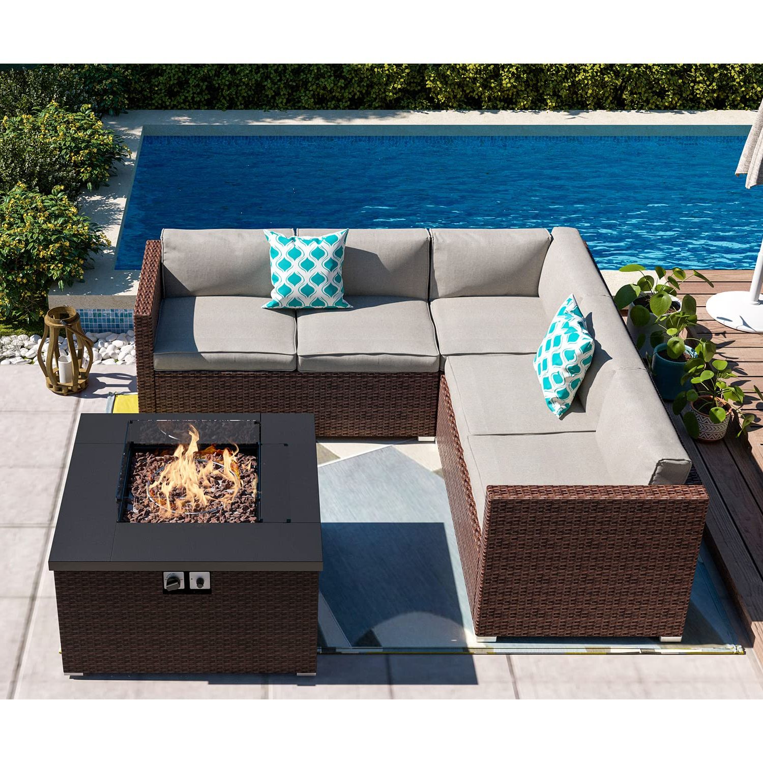 Well Liked Amazon: Hompus Patio Furniture Sectional Sofa W Fire Pit Table,6 Pieces Outdoor  Furniture Set W 32 Inch 40,000 Btu Propane Fire Table W Glass Wind Guard,patio  Conversation Set For Outside,garden,porch,deck : Patio, Lawn For Fire Pit Table Wicker Sectional Sofa Conversation Set (Photo 2 of 15)