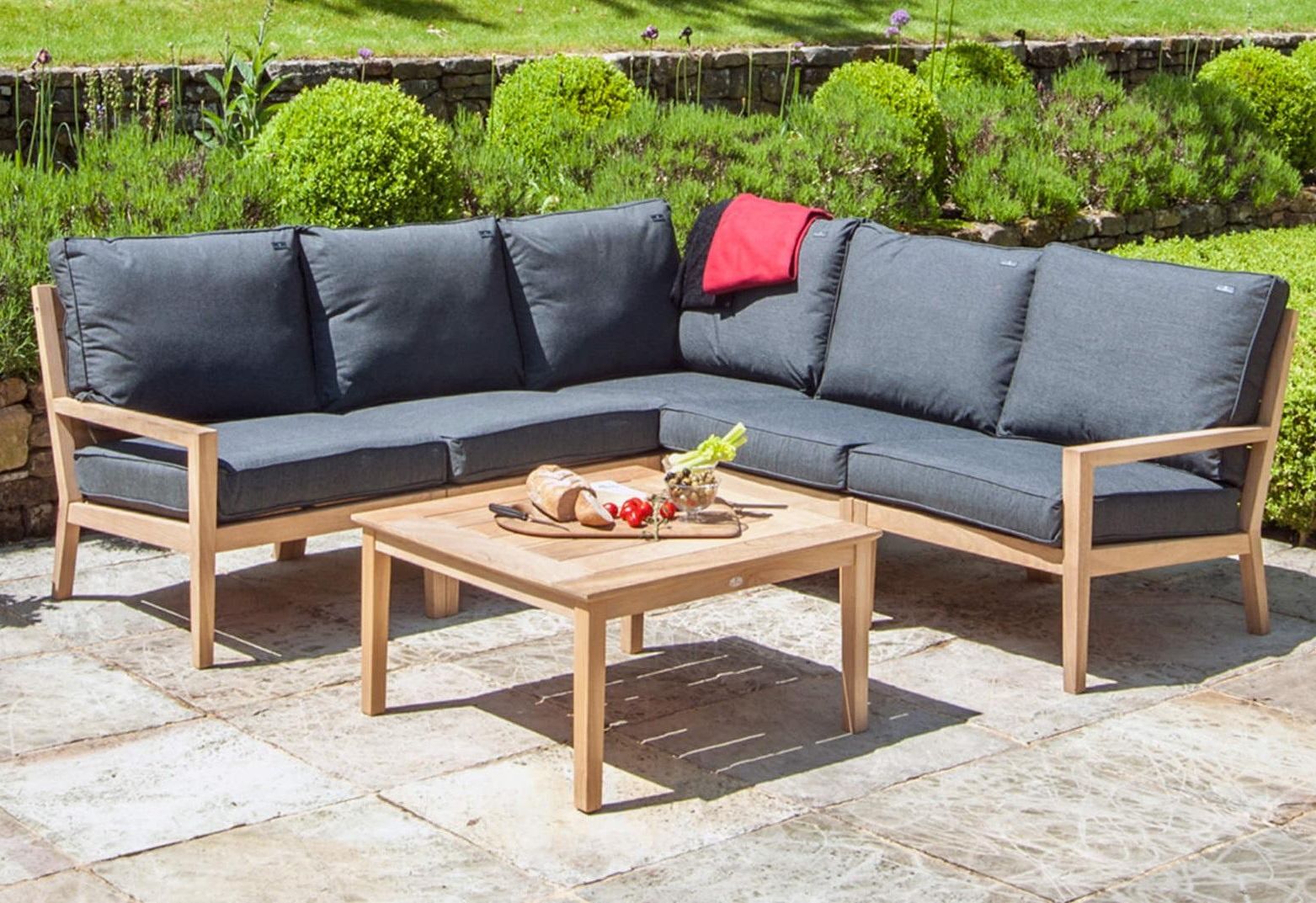 Well Liked Garden Lounge Corner Sofa Set In Roble Hardwood With Grey Cushions Throughout Wood Sofa Cushioned Outdoor Garden (View 11 of 15)