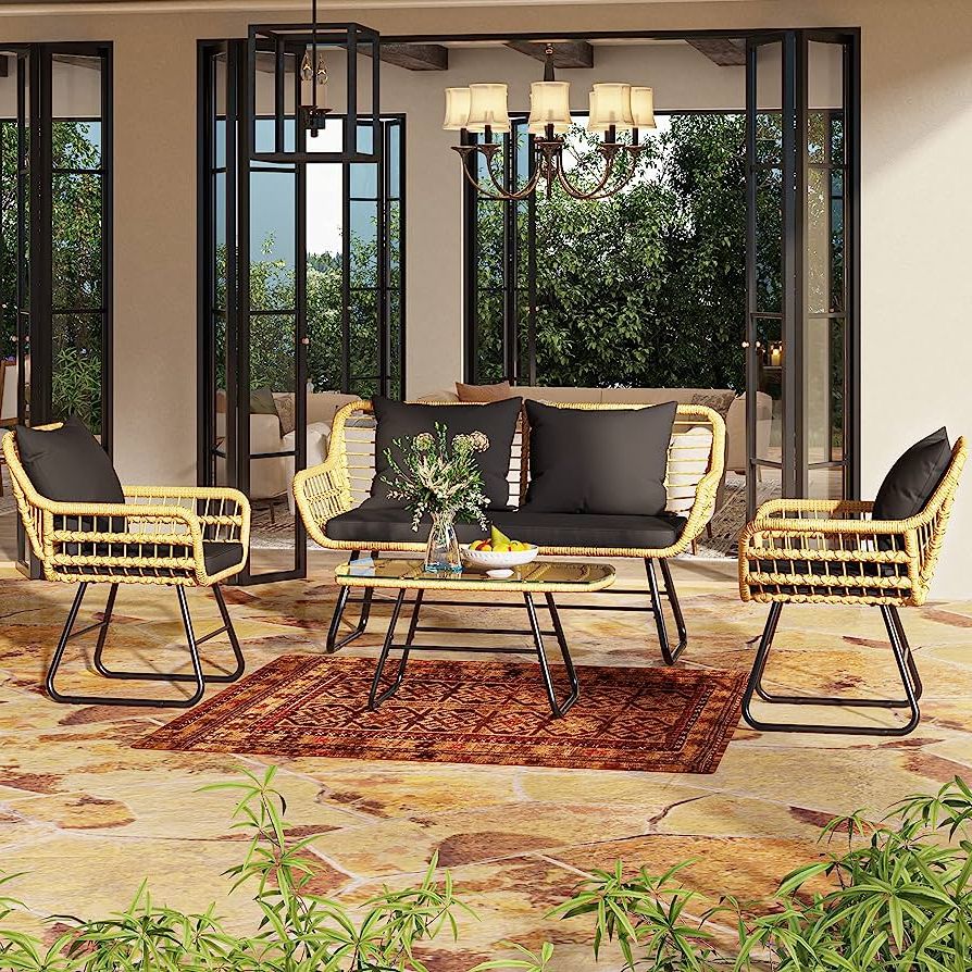Well Liked Patio Furniture Wicker Outdoor Bistro Set Within Amazon: Yitahome 4 Piece Patio Furniture Wicker Outdoor Bistro Set,  All Weather Rattan Conversation Loveseat Chairs For Backyard, Balcony And  Deck With Soft Cushions And Metal Table (light Brown+black) : Patio, Lawn &  Garden (View 5 of 15)